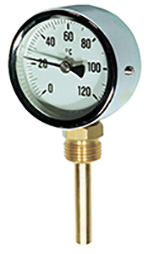 THERMOMETRE A CADRAN - BOITIER ACIER ZINGUE - LUNETTE INOX Ø100 - RACCORD LAITON 1/2" 0 A 120°C AVEC DOIGT DE GANT