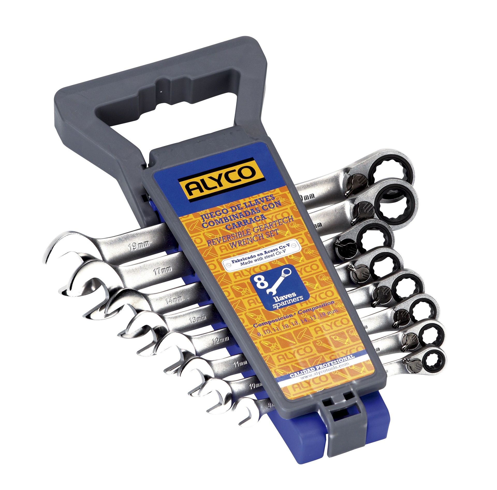 JEU DE CLES MIXTES A CLIQUET- SUPPORT PLASTIQUE - COMP. 8; 10; 11; 12; 13; 14; 17; 19mm